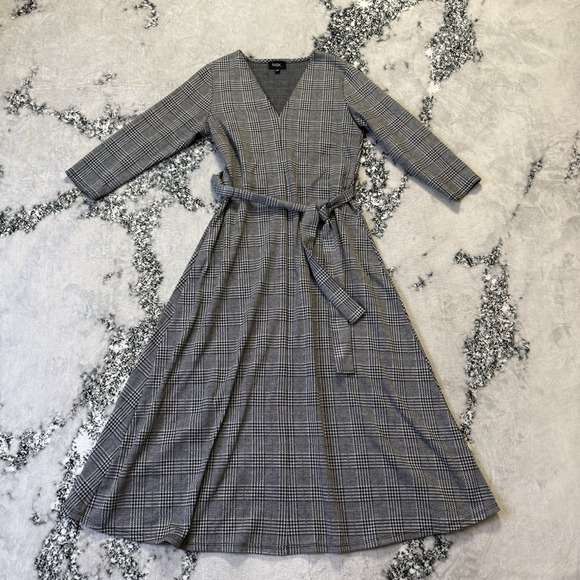 MSK Dress Womens Size M Gray Houndstooth Belted V Neck Pullover Midi Silhouette - Picture 1 of 9